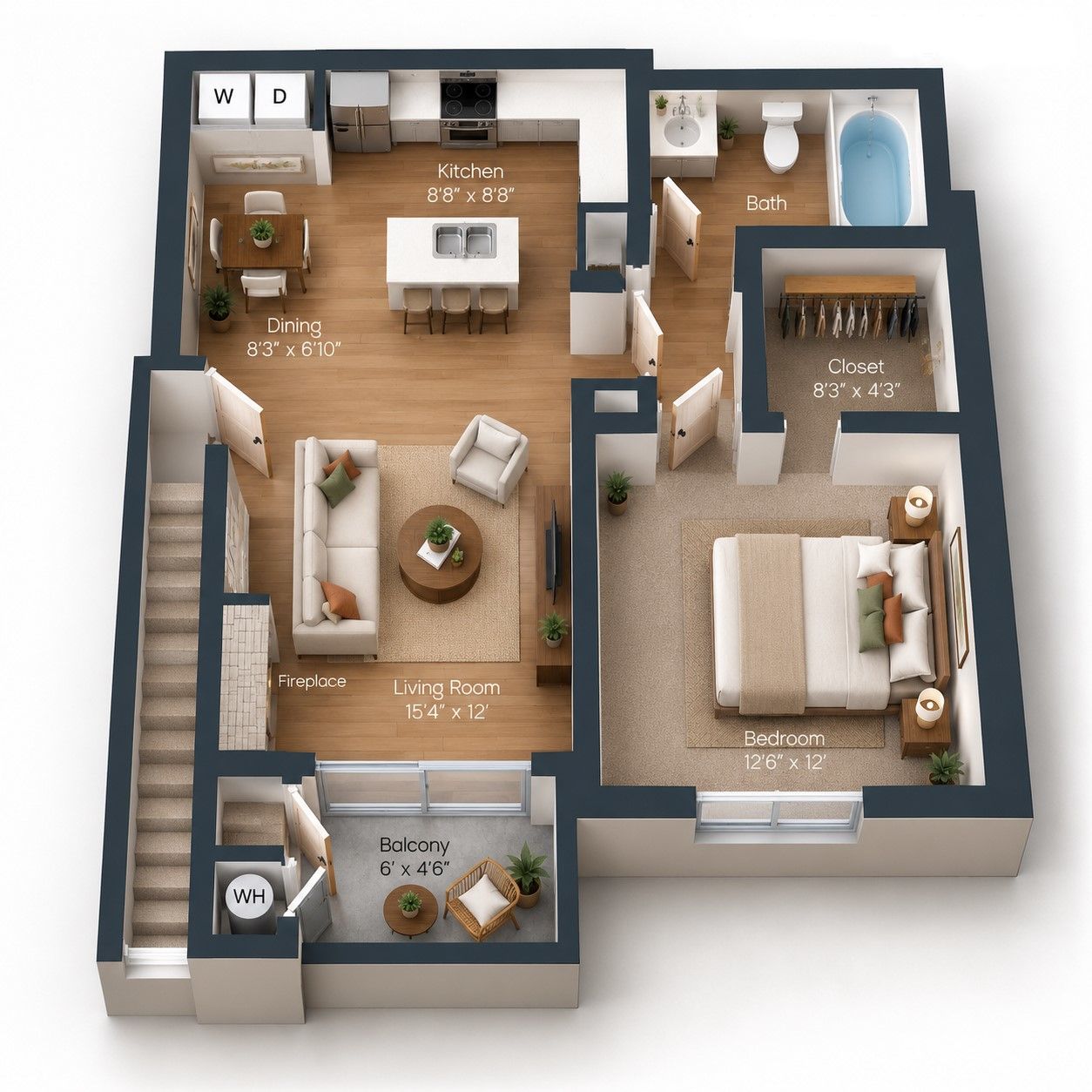 1 Bedroom, 1 Bath floor plan - 721 sq ft