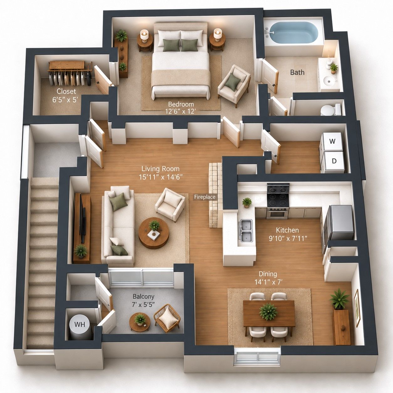 1 Bedroom, 1 Bath floor plan - 815 sq ft