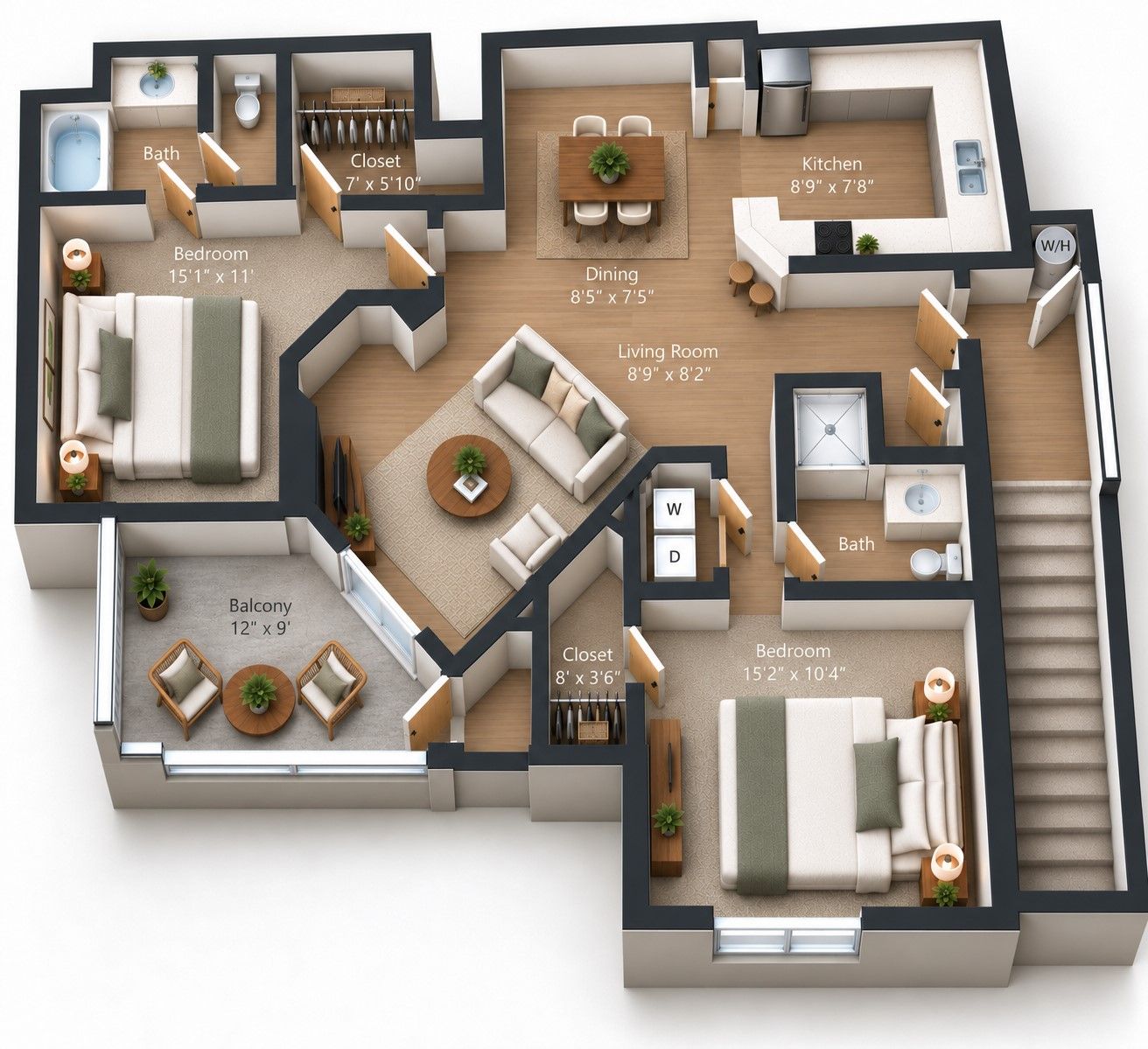 2 Bedroom, 2 Bath floor plan - 998 sq ft