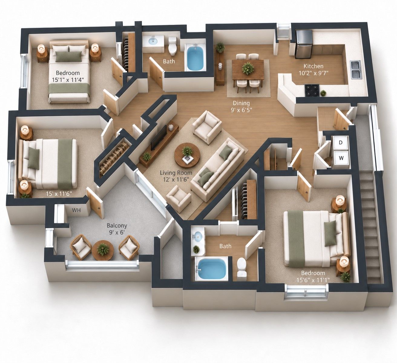3 Bedroom, 2 Bath floor plan - 1,322 sq ft