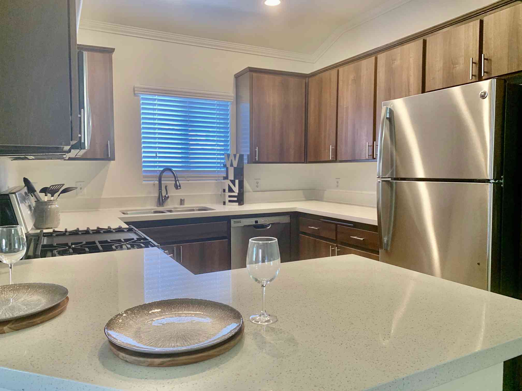 brown cabinet kitchen quartz countertop