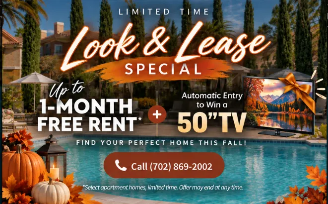 Up to 1-MONTH FREE RENT & 50" TV Drawing Entry. *Select apartment homes, limited time. Offer may end at any time.