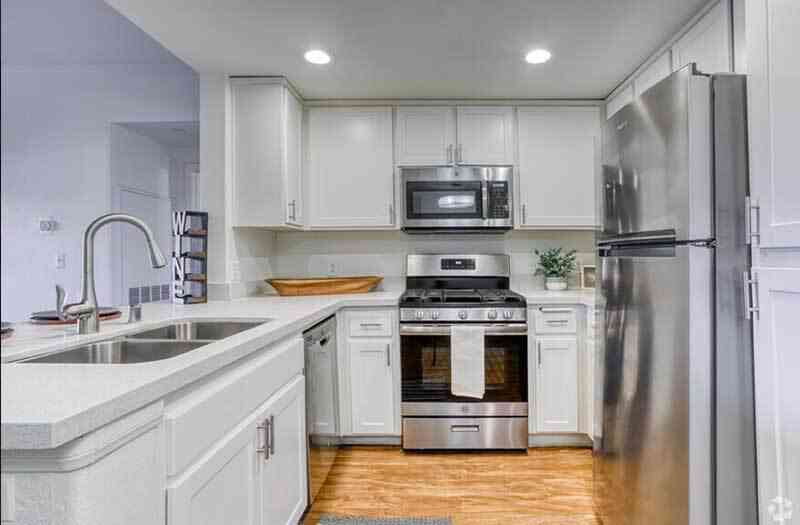 white cabine kitchen with stainless steel appliance package